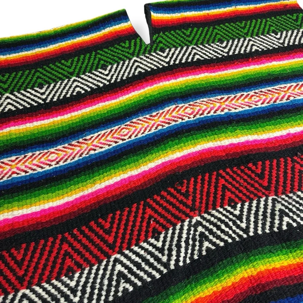 Vintage Mexican Serape Poncho Large Heavy‎ Textile Woven Wool 70x74 w/ Fringe